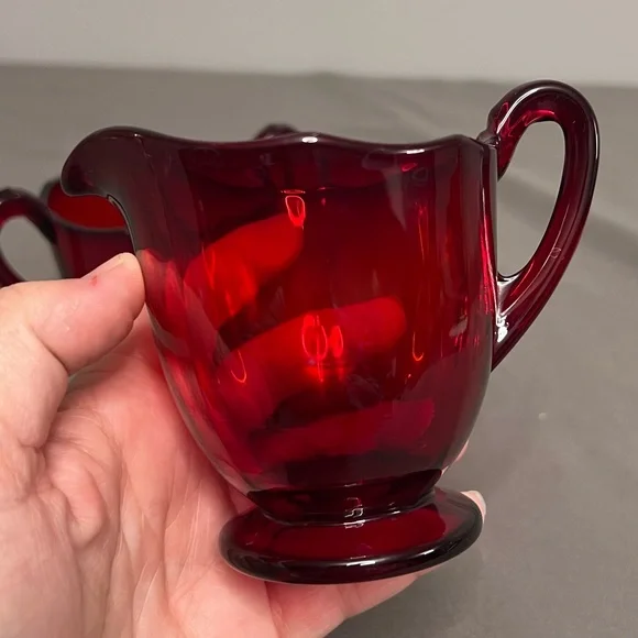 VTG Ruby Red Depression Glass Sugar & Creamer Set W/ Waved Rims - Picture 5 of 10